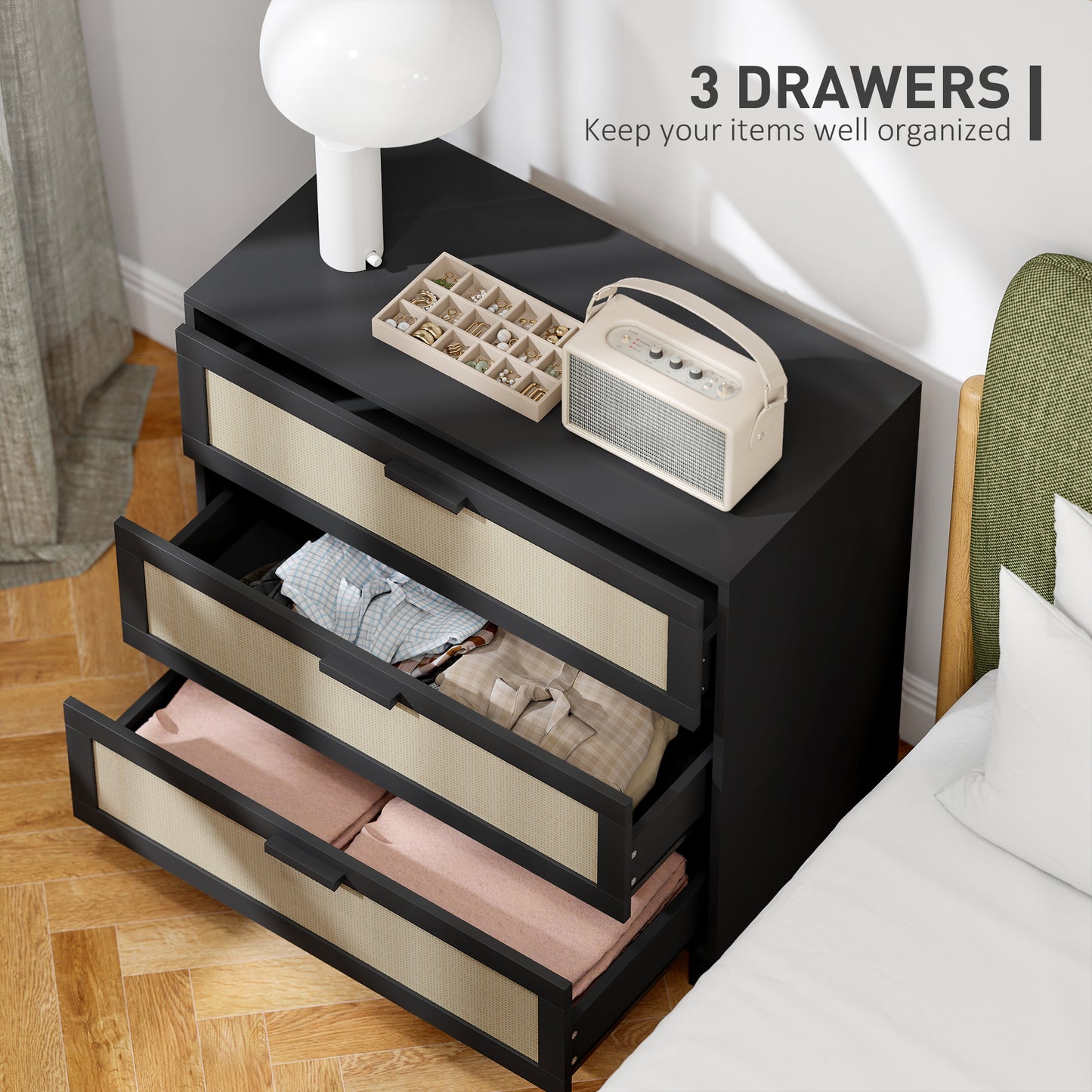 Yorami Wood And Rattan Black 3 Drawer Boho Storage Chest