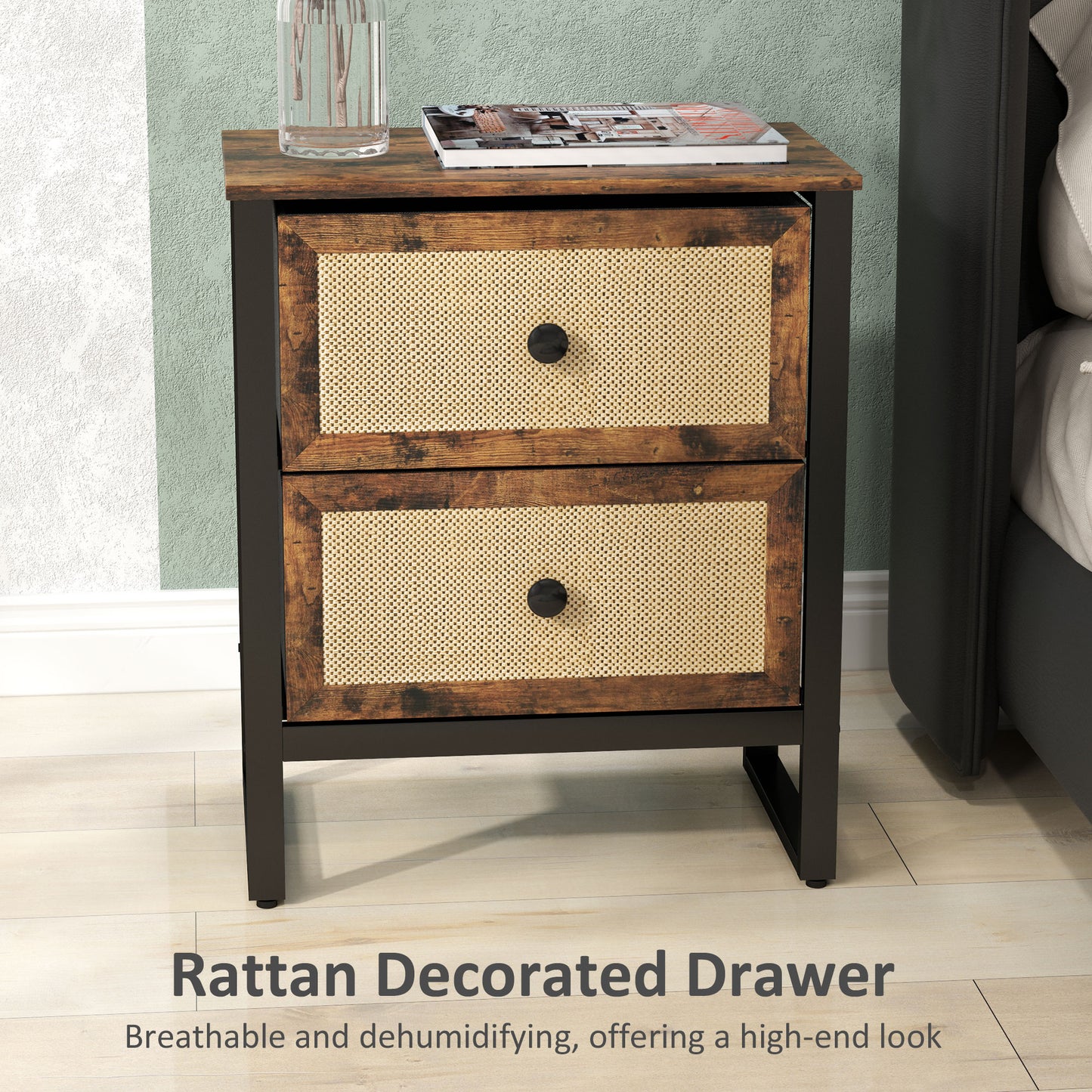 Lamilu Vesa Set Of 2 Rustic Brown Industrial Natural Style Bedside Tables 2 Drawers