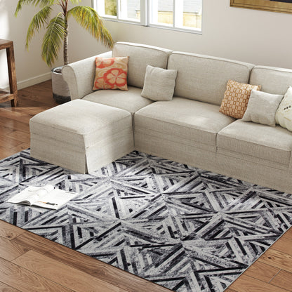 Yolura Lara Chenille Black Triangle Pattern Non Slip Washable Rug 230 x 160 cm
