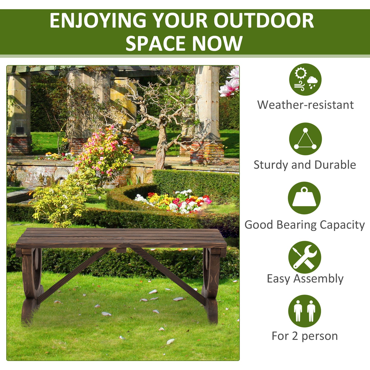 Vini Wood Brown Rustic Garden Bench With Wagon Wheel Legs And Slatted Seat For 2