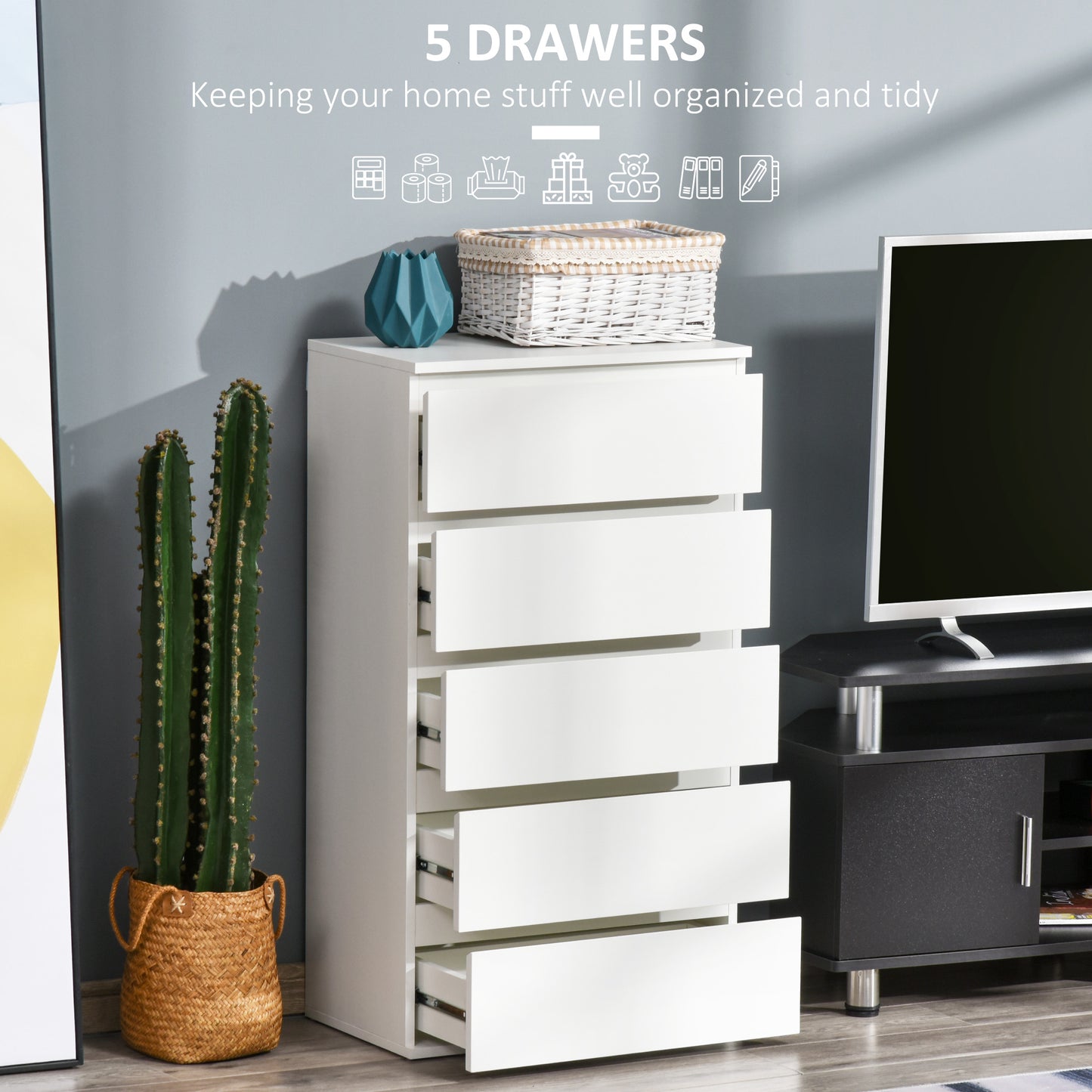 Else Wooden White 5 Drawer Storage Tower Chest