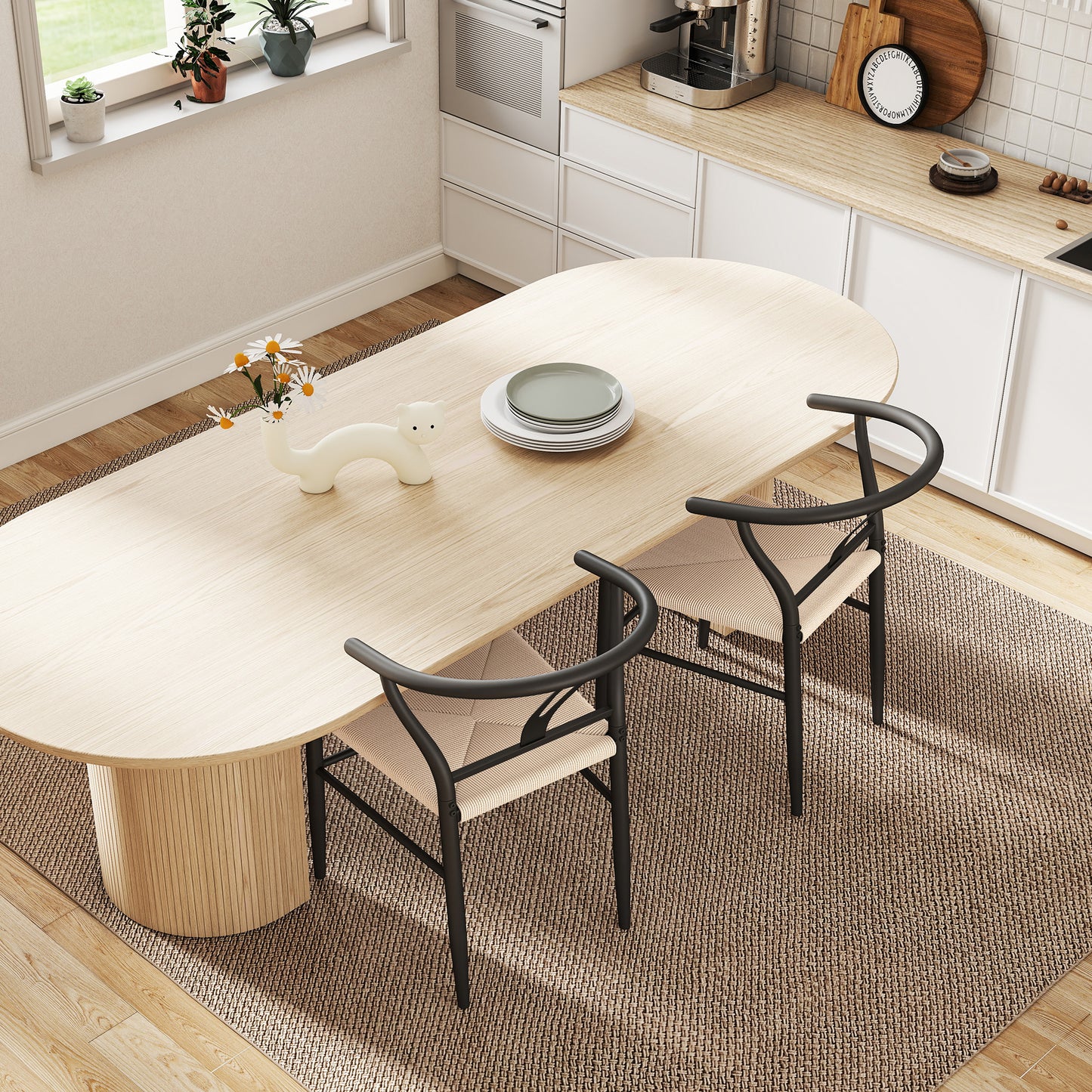 Ranopa Woven Hemp And Wood Black And Beige Dining Chairs Set Of 2 With Y ShaFauxd Backrest