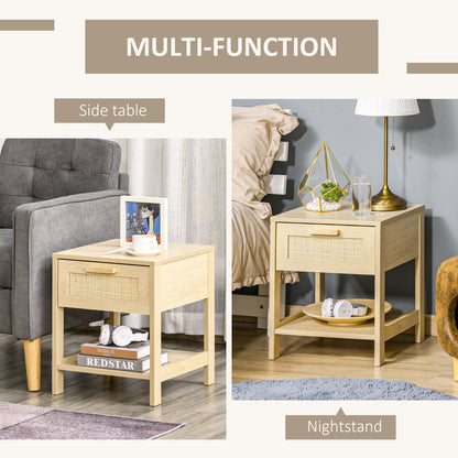 Dilamo Set Of 2 Farmhouse Bedside Tables With Rattan Drawer And Open Shelf