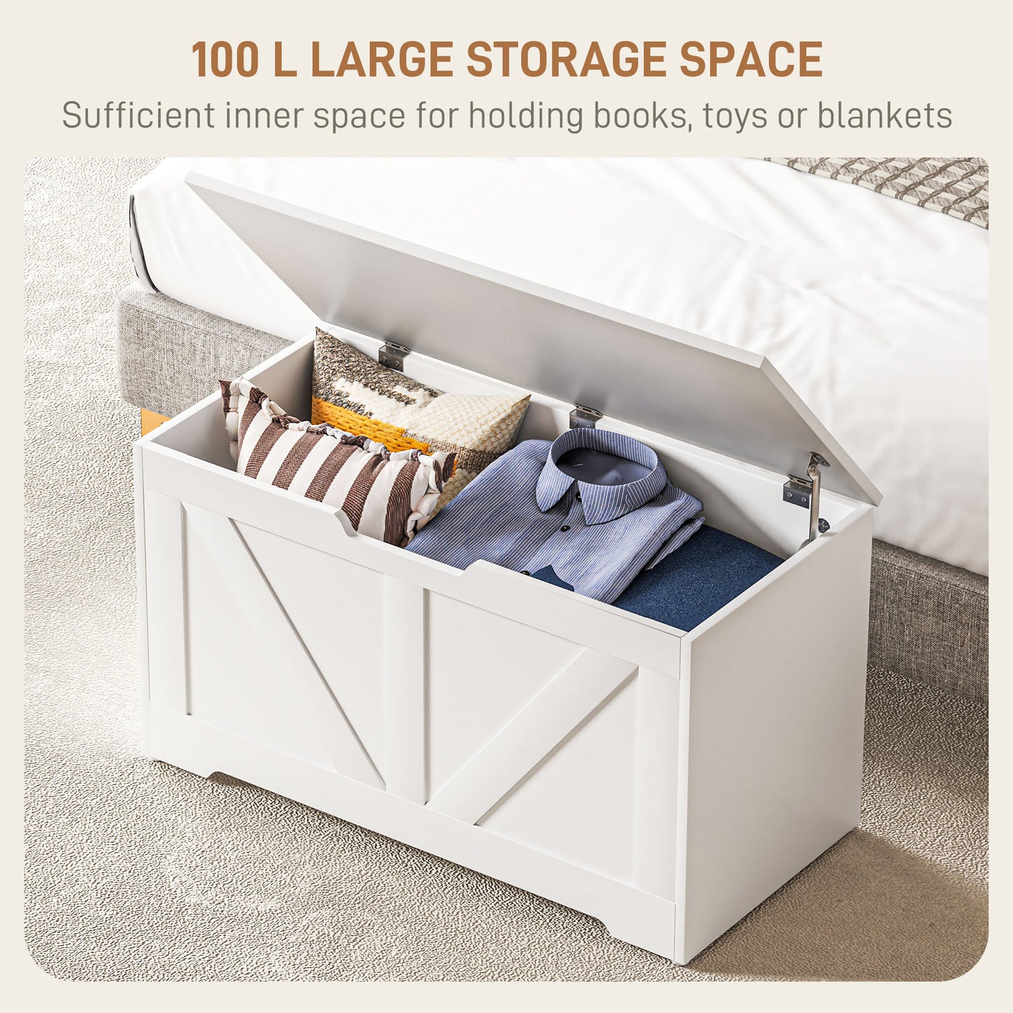 Kamari White Wood Farmhouse Storage Chest Safety Hinges 100 Litre
