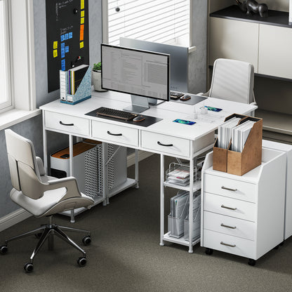 Riba 120cm Wooden White Home Office Desk With Power Sockets 3 Fabric Drawers And Storage Shelves 120 cm