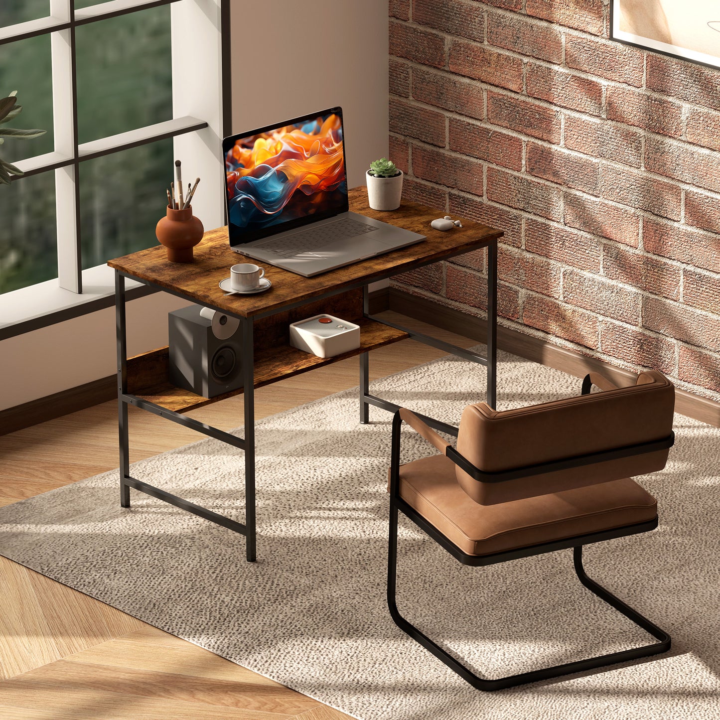 Kesare 100cm Wooden Rustic Brown 2 Tier Home Office Desk