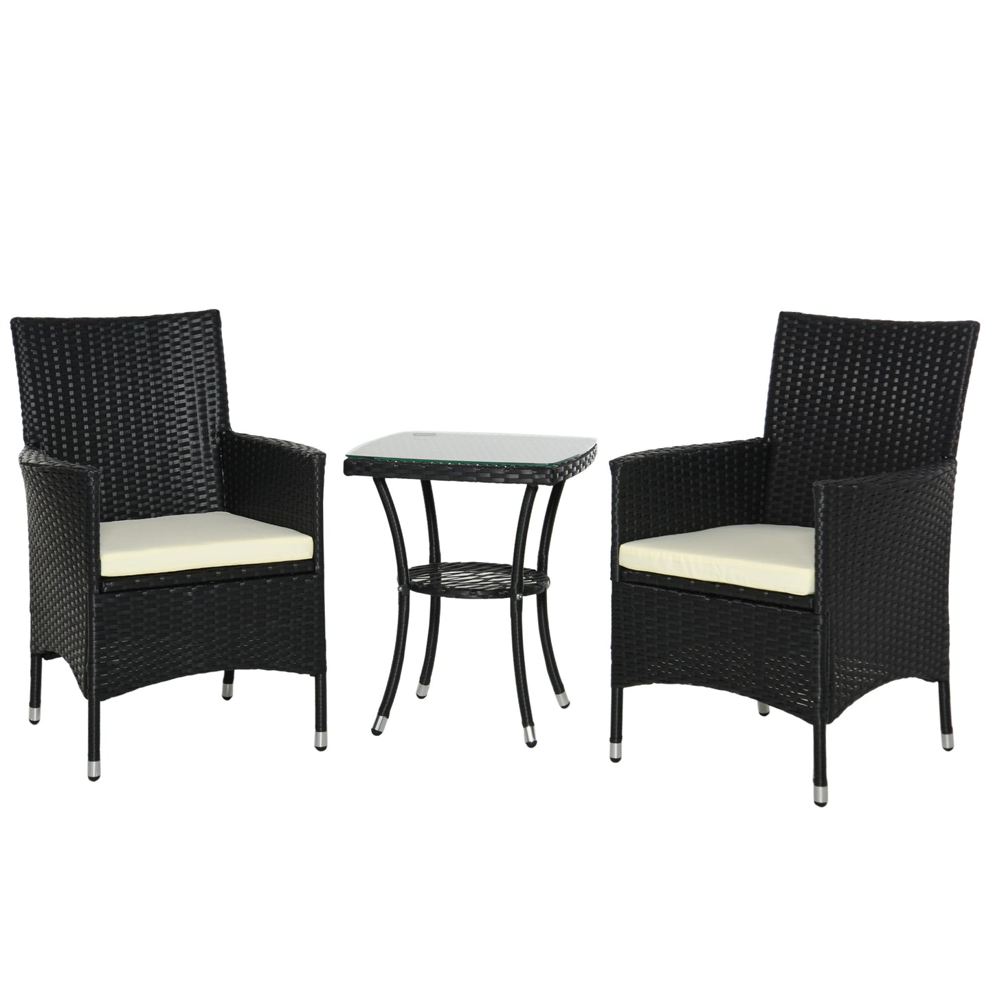 Rafifi Black Rattan 3 Piece Outdoor Bistro Set With Cushions And 2 Tier Coffee Table