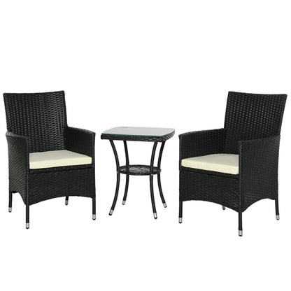 Rafifi Black Rattan 3 Piece Outdoor Bistro Set With Cushions And 2 Tier Coffee Table