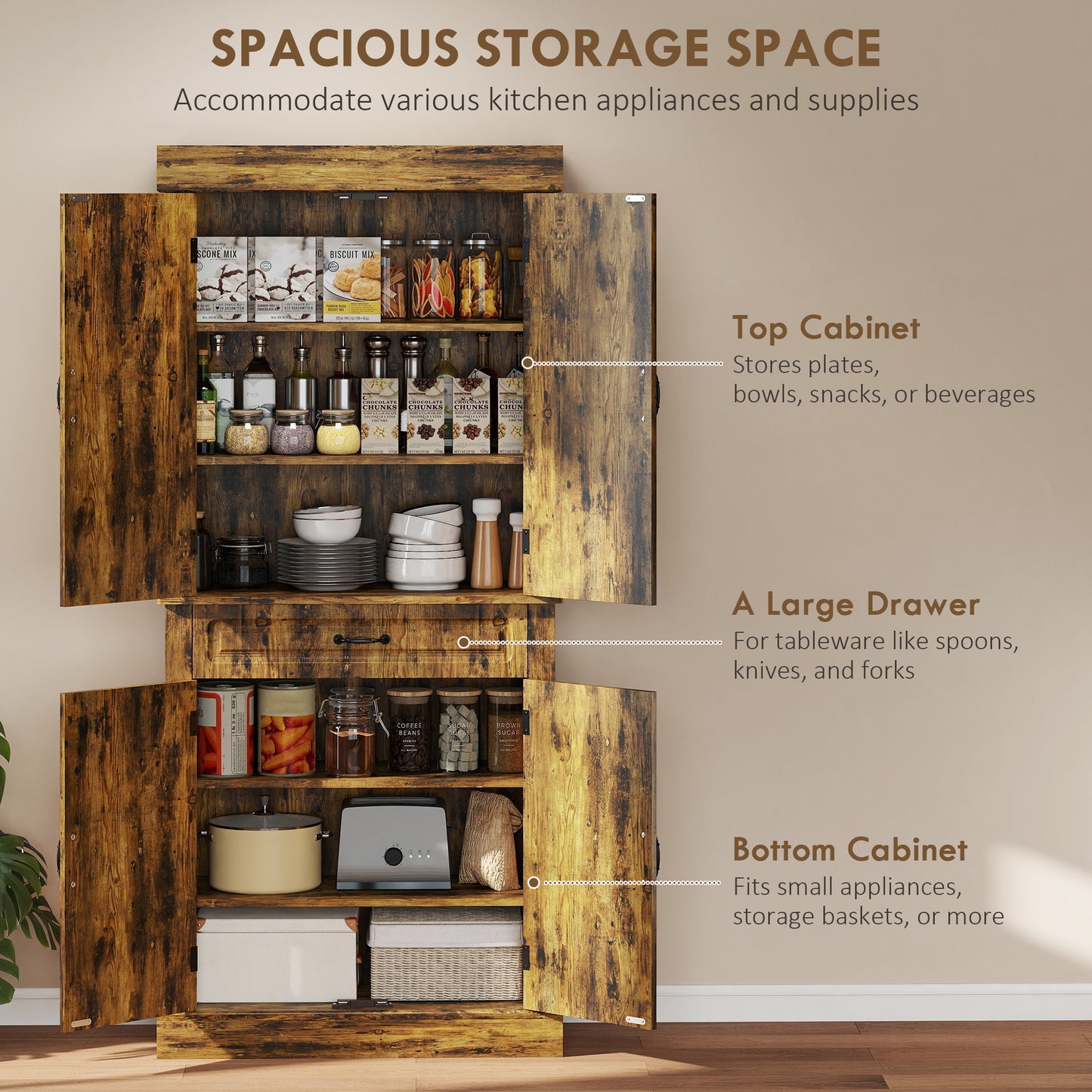Zirolu 180cm Wooden Brown Tall Kitchen Pantry Cabinet with Drawer And Storage Shelves