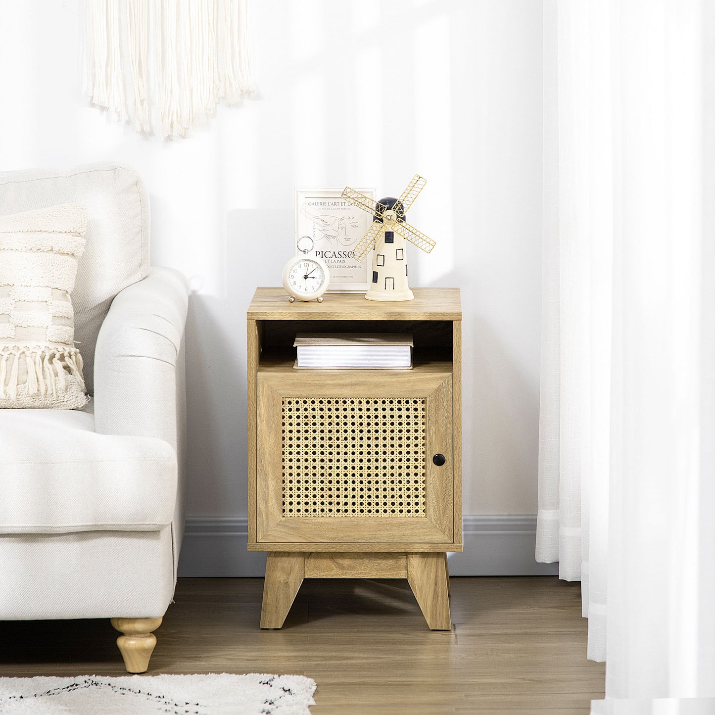 Vini Raba Natural Wood Bedside Table With Rattan Drawer and Door
