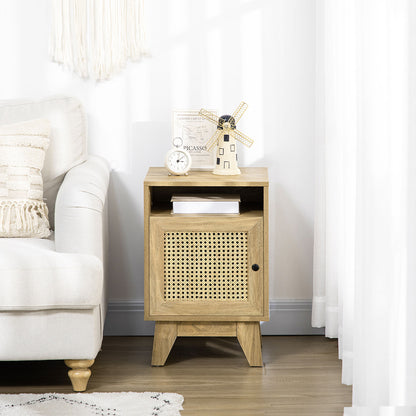 Vini Raba Natural Wood Bedside Table With Rattan Drawer and Door