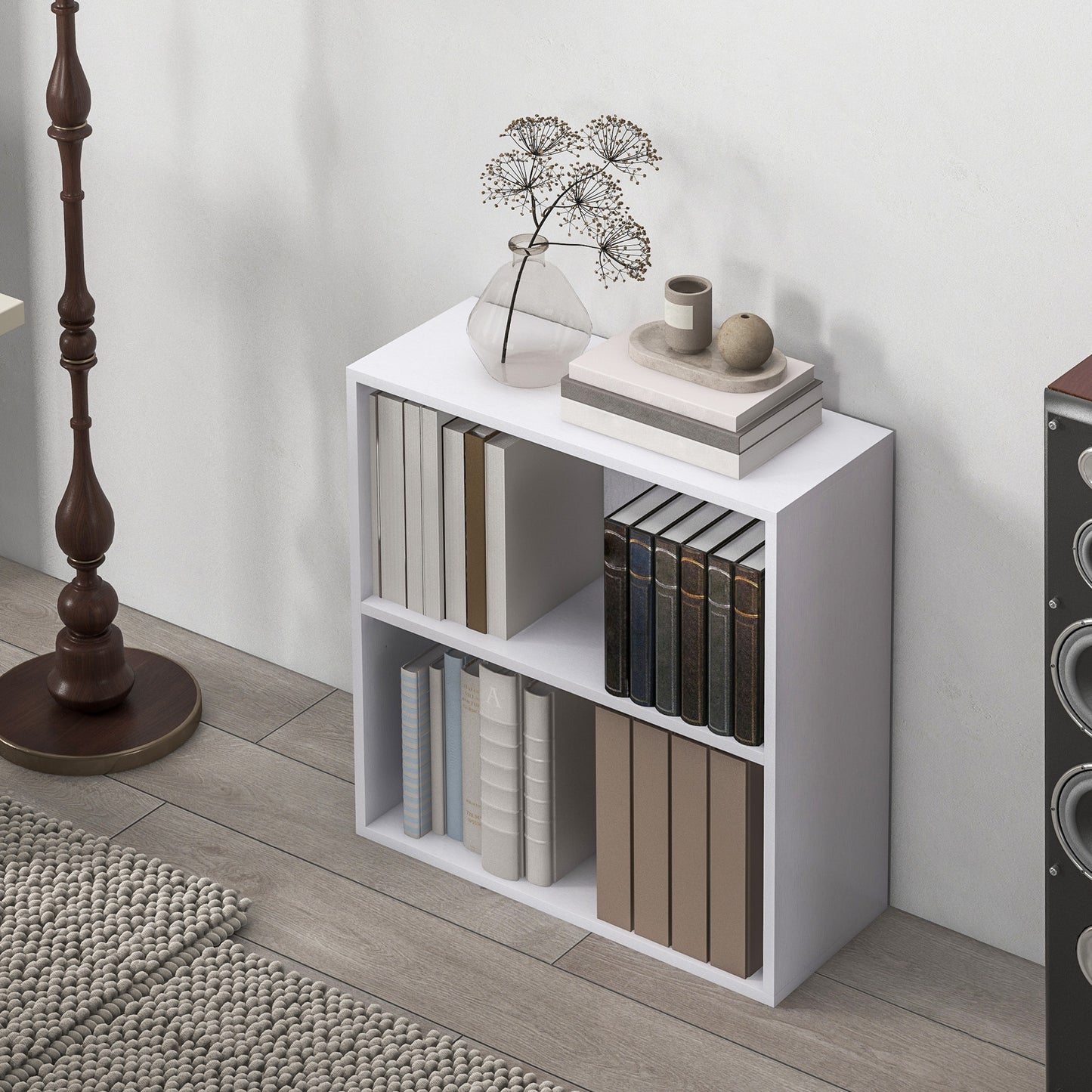 Ralafi Wood White Low 2 Tier Bookcase With Adjustable Shelves