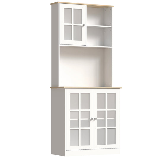 Somire Wooden White Kitchen Storage Cabinet With Glass Doors Countertop And Adjustable Shelves