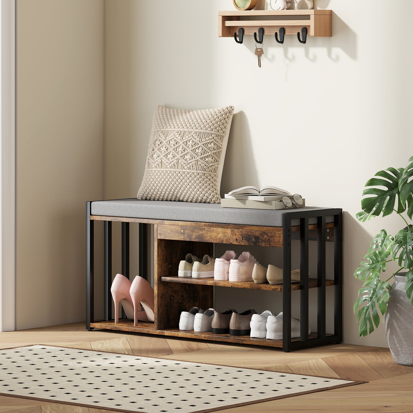 Soli Wooden Rustic Brown Upholstered Shoe Bench With 3 Shelf and Grey Padded Seat