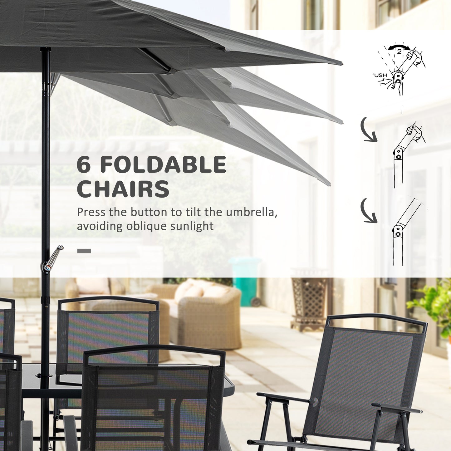 Rera 6 Seater Black Metal and Mesh Garden Dining Set with Chairs Table and Parasol