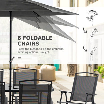 Rera 6 Seater Black Metal and Mesh Garden Dining Set with Chairs Table and Parasol
