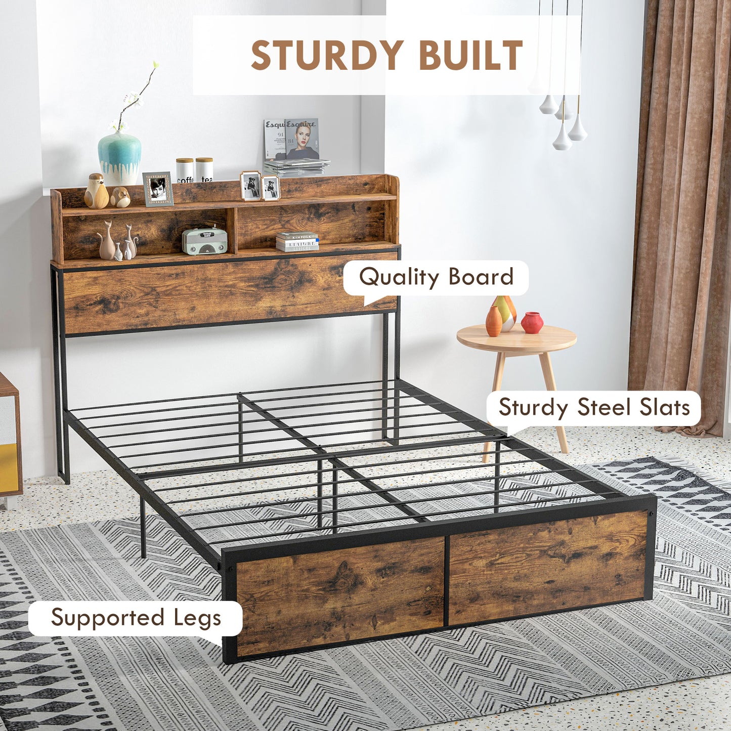 Sata 4FT8 Rustic Brown and Black Industrial Double Bed Frame with Shelves