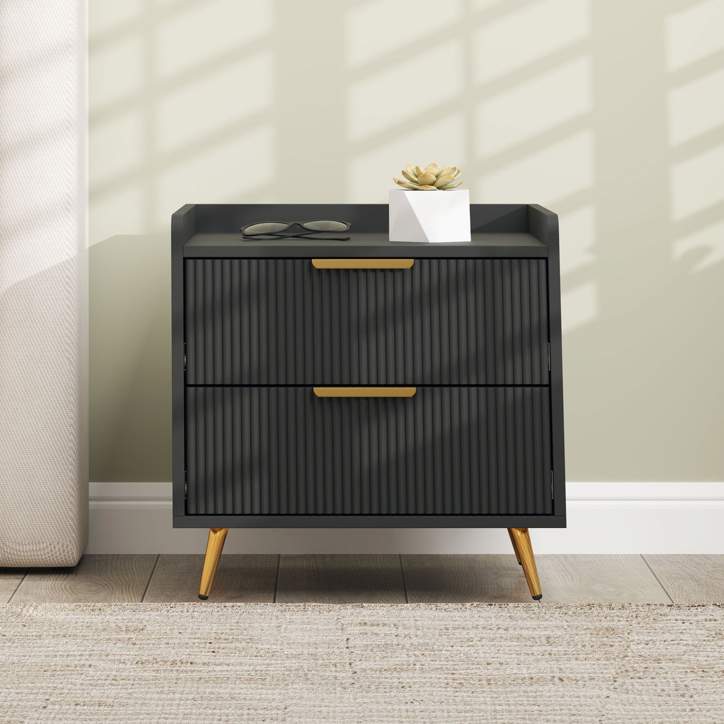 Vevele Black Elegant 2 Drawer Ribbed Bedside Table with Gold Accents
