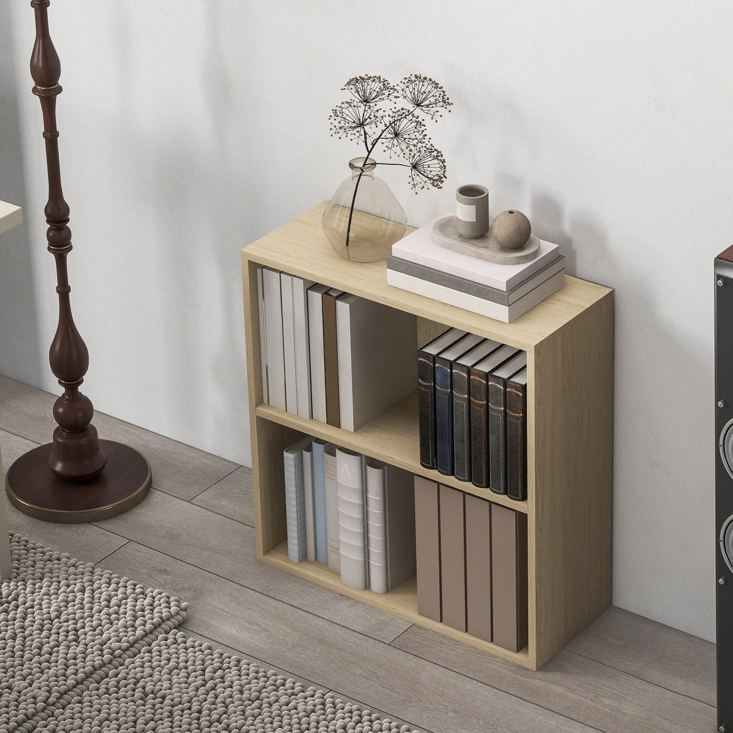 Kesa Wood Natural Finish Low 2 Tier Bookcase With Adjustable Shelves