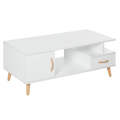 Lusayo Wooden White Minimalist Coffee Table With Storage Shelf And Drawer