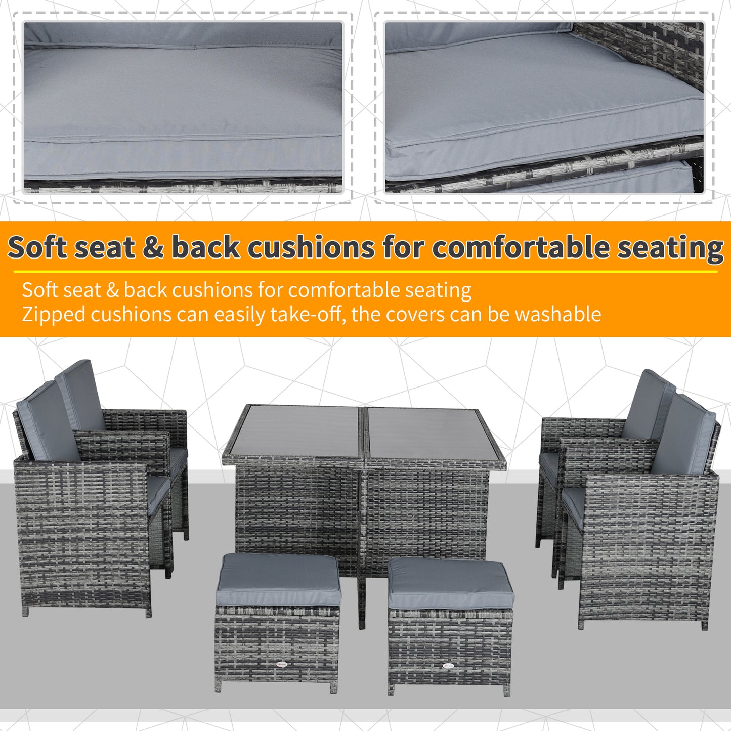 Noco Rattan Grey 8 Seater Outdoor Dining Set With Armchairs and Footstools