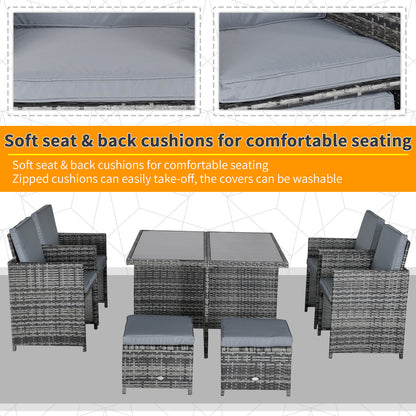 Noco Rattan Grey 8 Seater Outdoor Dining Set With Armchairs and Footstools