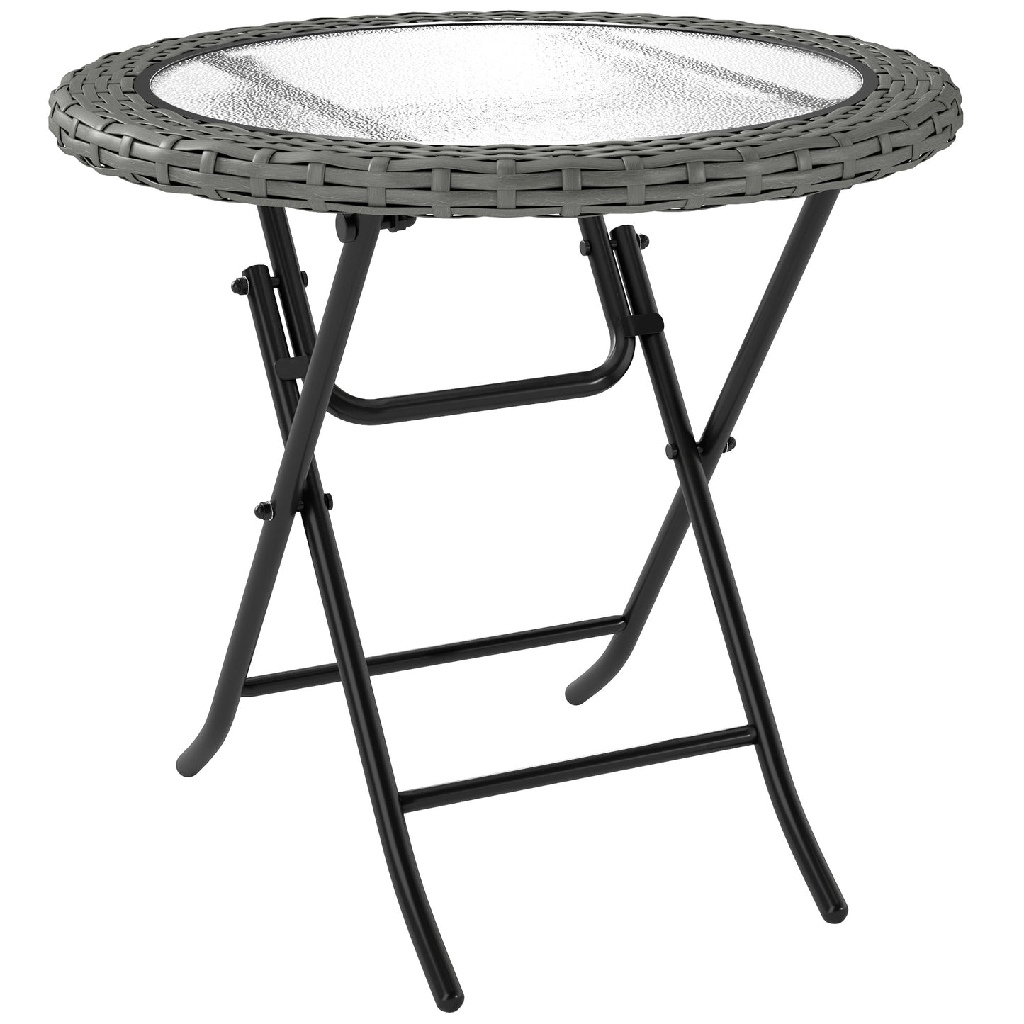 Doco 68cm Rattan Grey Folding Round Outdoor Coffee Table With Ripple Effect Glass Top