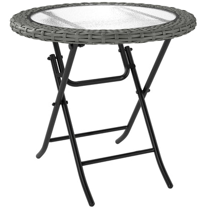 Doco 68cm Rattan Grey Folding Round Outdoor Coffee Table With Ripple Effect Glass Top