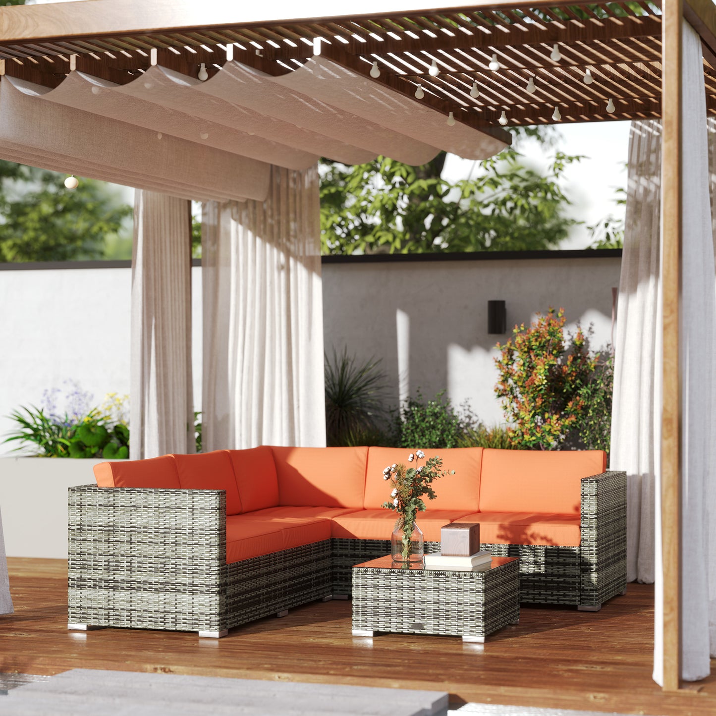 Lane Grey Rattan 4 Seater Outdoor Sofa Set With Orange Cushions