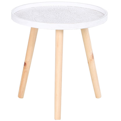 Nona Wood White Round Coffee Table With Carved Floral Tray Top
