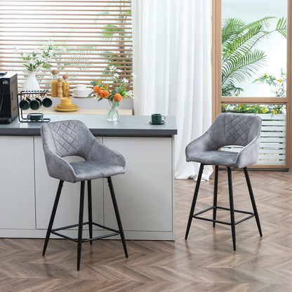 Zire Set Of 2 Grey Velvet Fabric Counter H8 Bar Chairs With Steel Legs