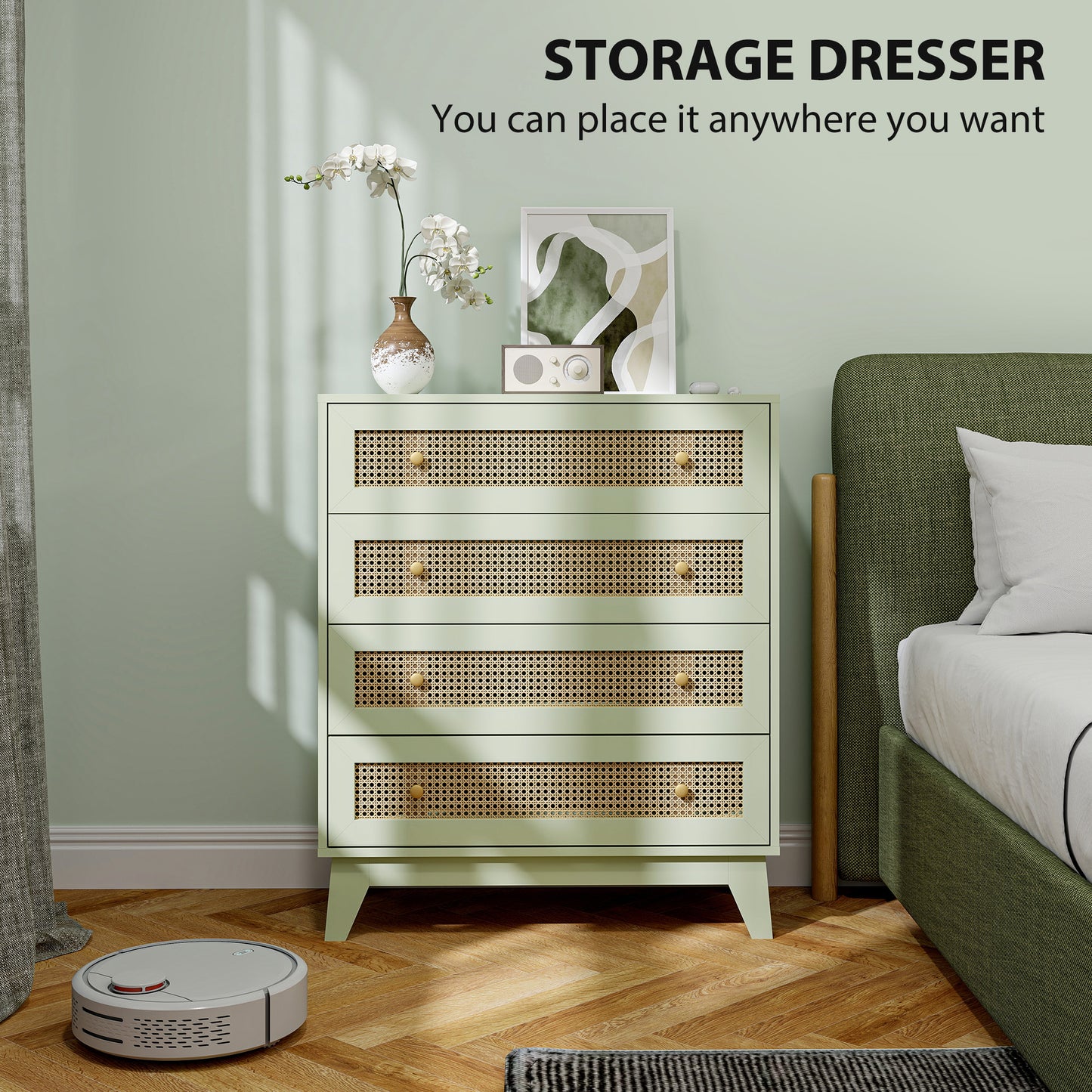 Raritte Wood And Rattan Light Green 4 Drawer Storage Chest With Woven Detail