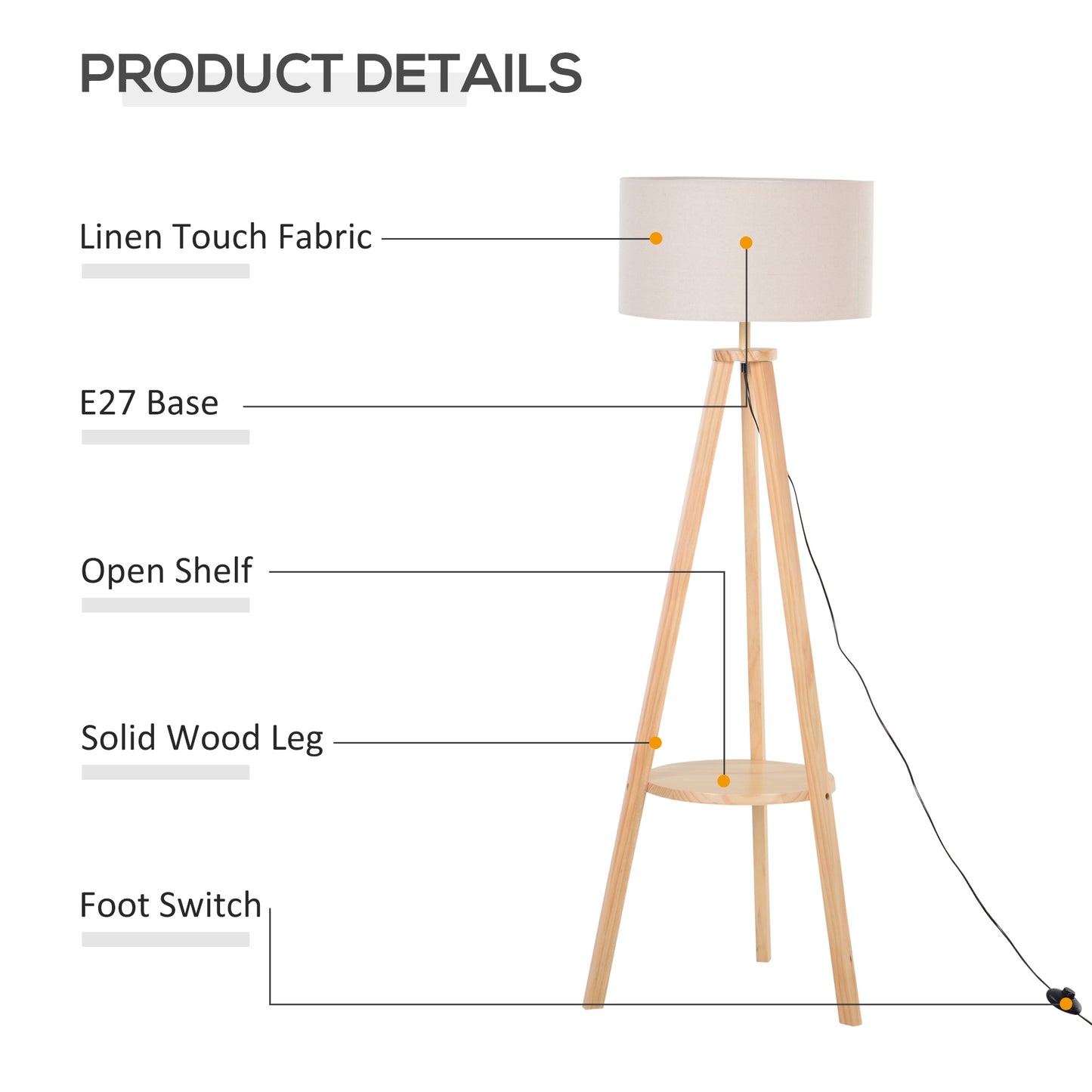 Laravi Natural Wood And Fabric Cream Tripod Floor Lamp With Shelf And Linen Shade 154 cm