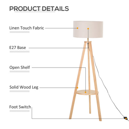 Laravi Natural Wood And Fabric Cream Tripod Floor Lamp With Shelf And Linen Shade 154 cm