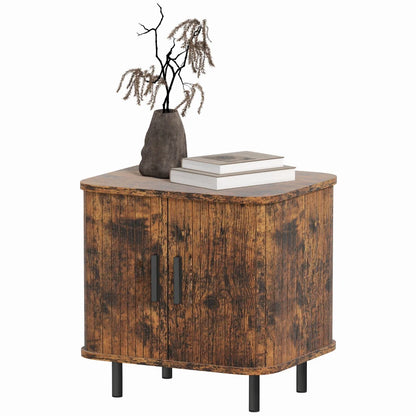 Pasaba Brown Nordic Bedside Table With Tambour Sliding Door And Metal Legs