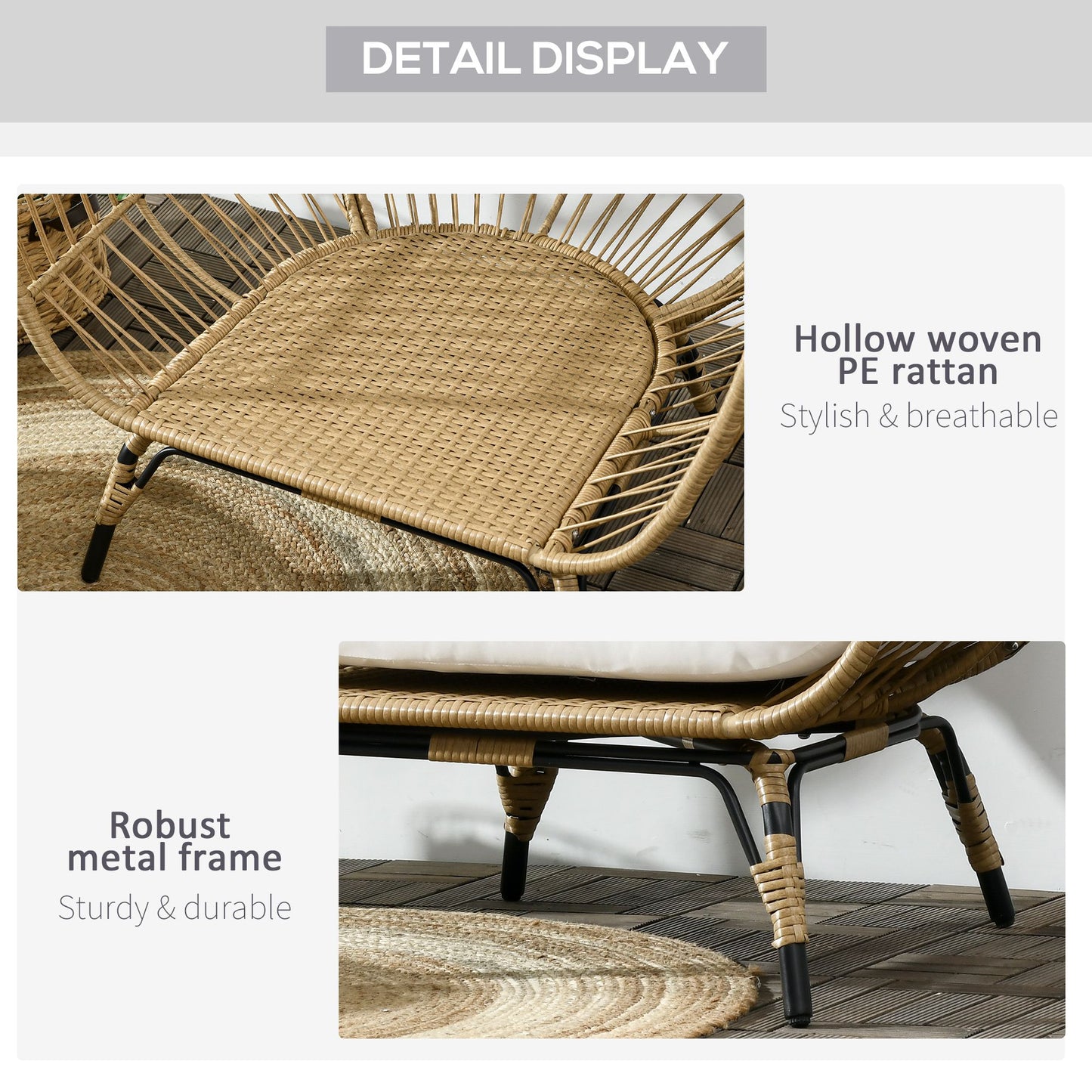 Tasudo Natural String Rattan Egg Chair With White Cushions And Pillows
