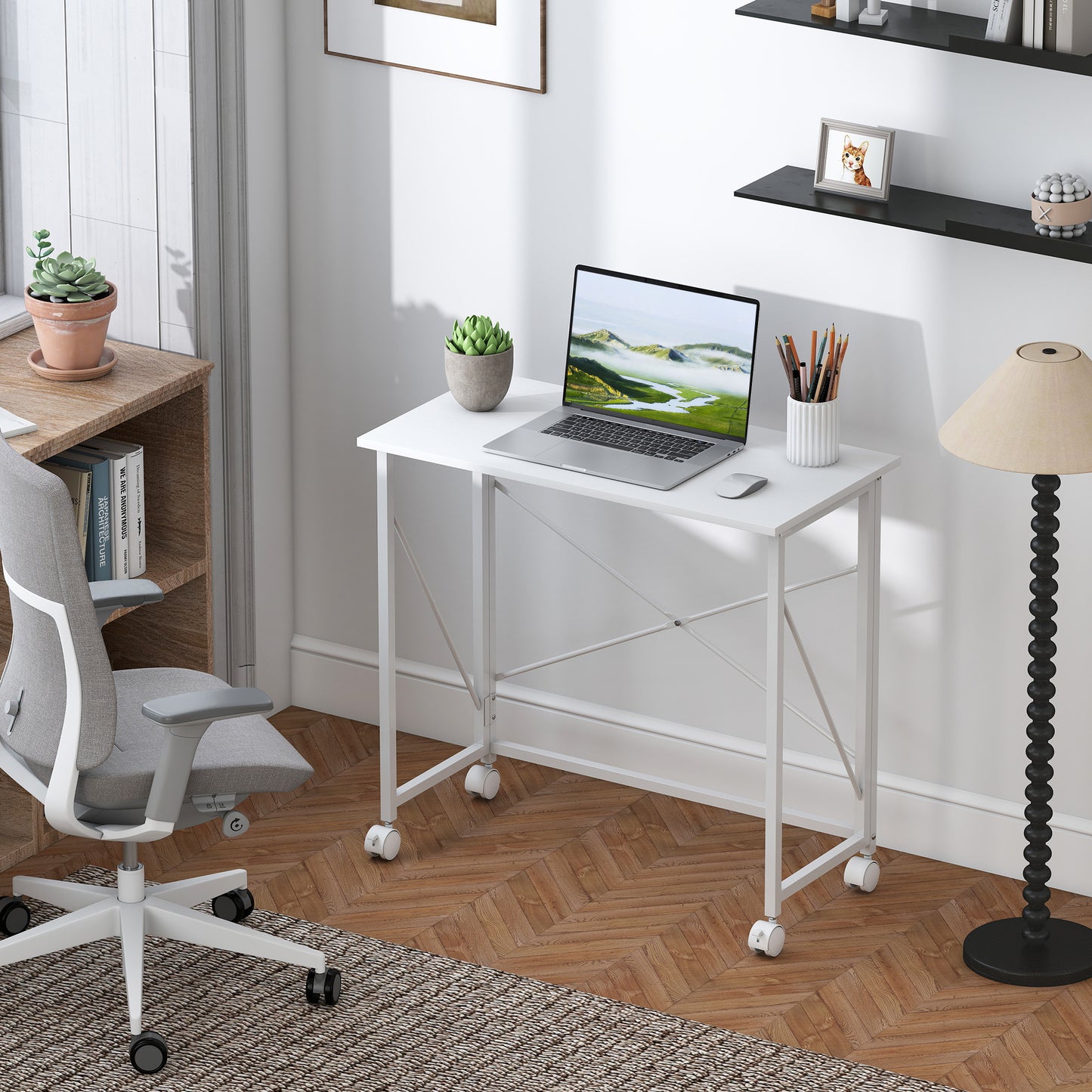 Romira 80cm Metal White Folding Desk Lockable Wheels