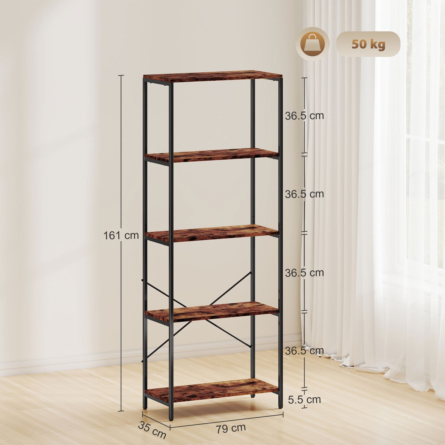 Ravitti Metal And Wood Rustic Brown And Black 5 Tier Industrial Bookcase