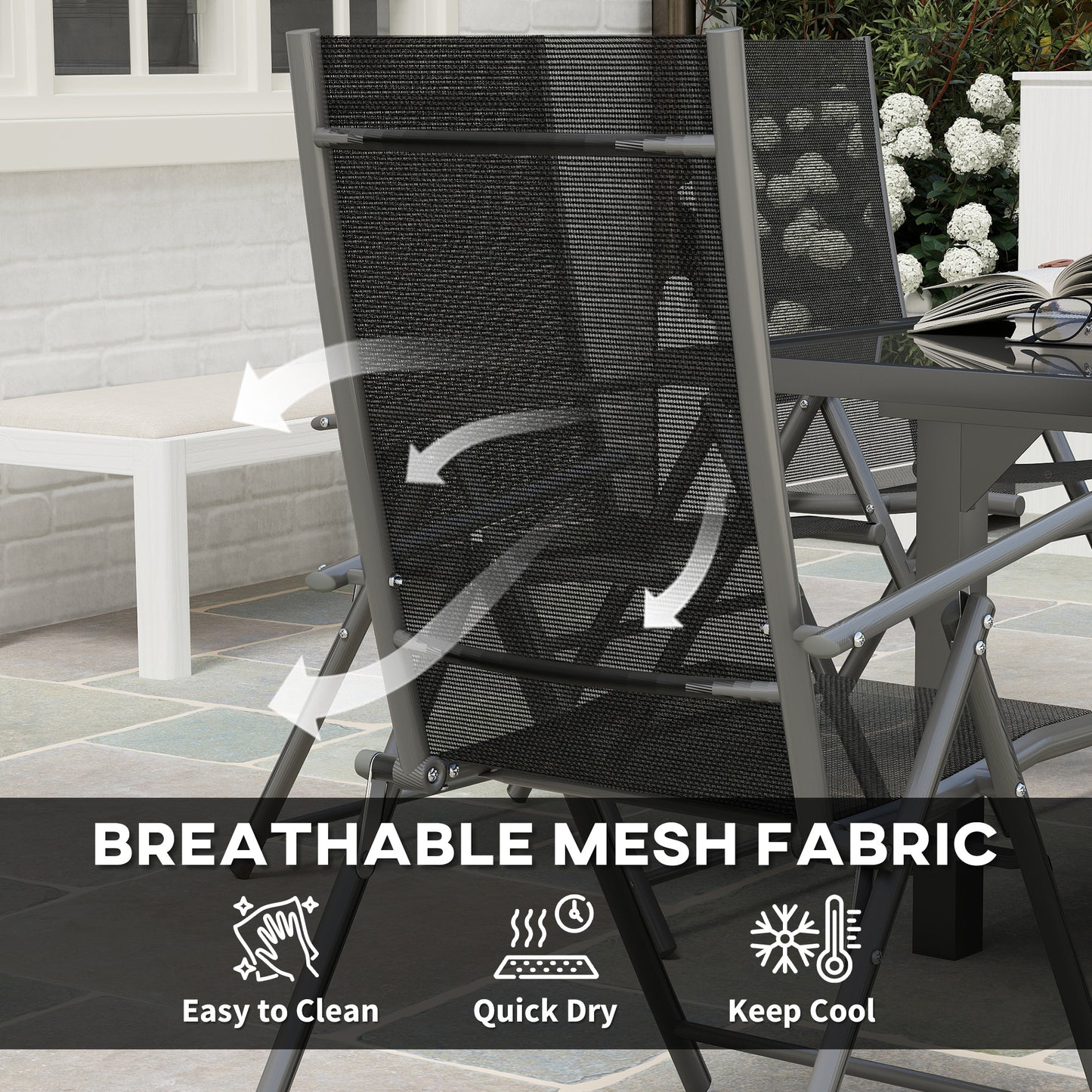 Cosuri 6 Seater Grey Mesh Outdoor Dining Set with Extendable Table and Folding Chairs