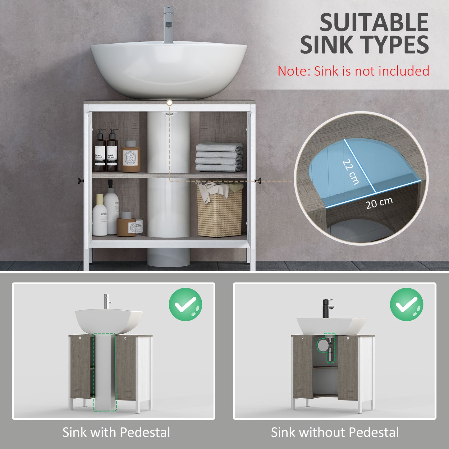 Narile Raha Antique White Under Sink Vanity Storage Cabinet With Double Doors And Adjustable Shelving