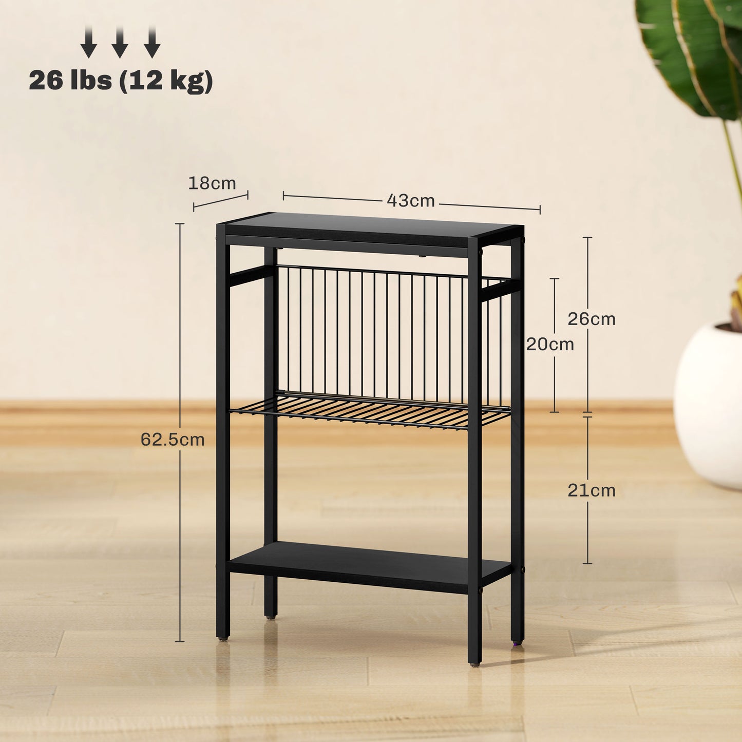 Notosu Metal And Wooden Black Industrial 3 Shelf Side Table