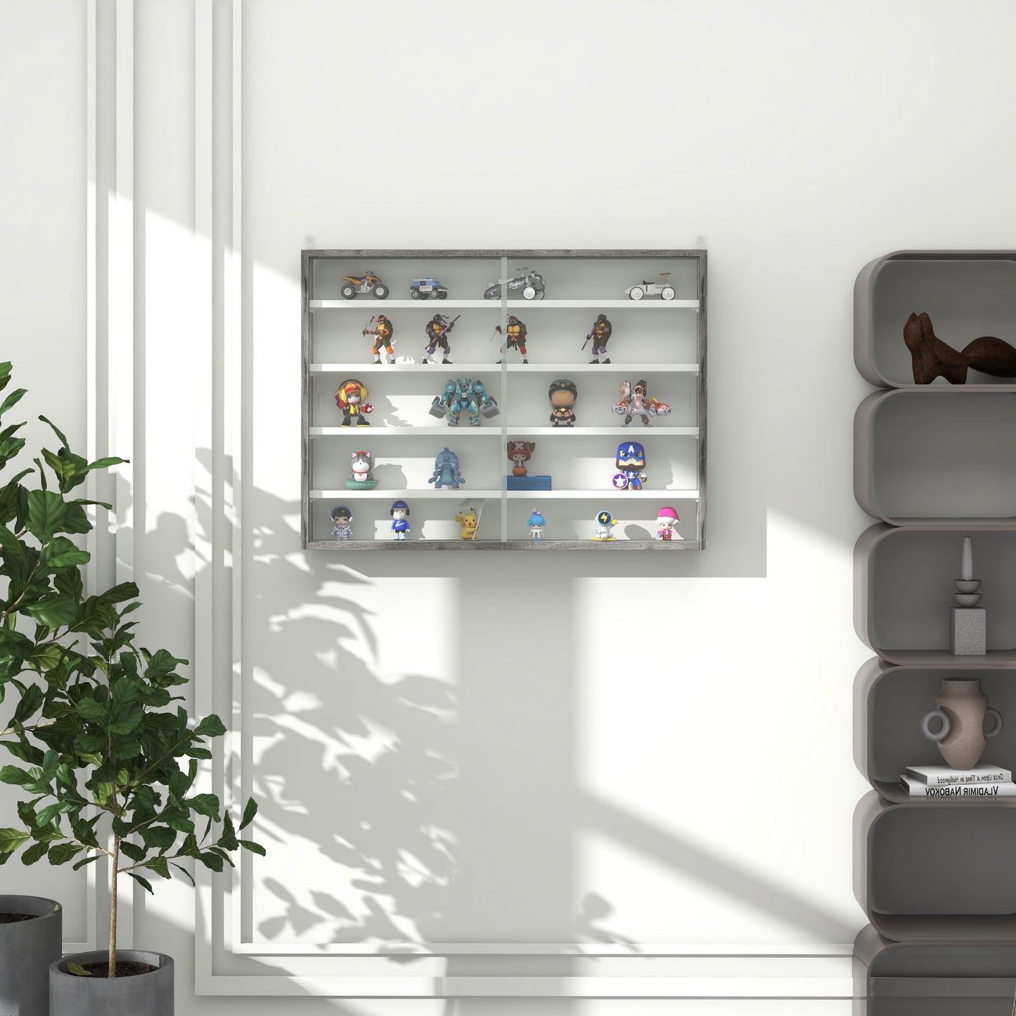 Kasofa Wood And Glass Grey Wood Grain 5 Tier Wall Display Cabinet With Adjustable Shelves 60 x 80 cm