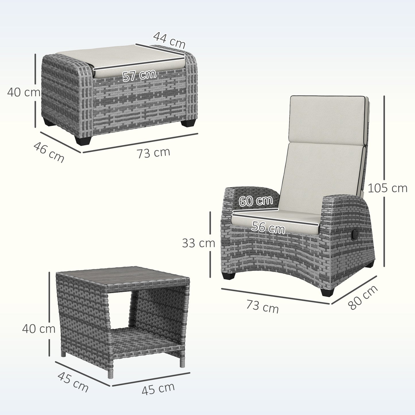 Difire Rattan Grey 5 Piece Garden Bistro Set With Cushions Recline Chairs Footstools and Coffee Table