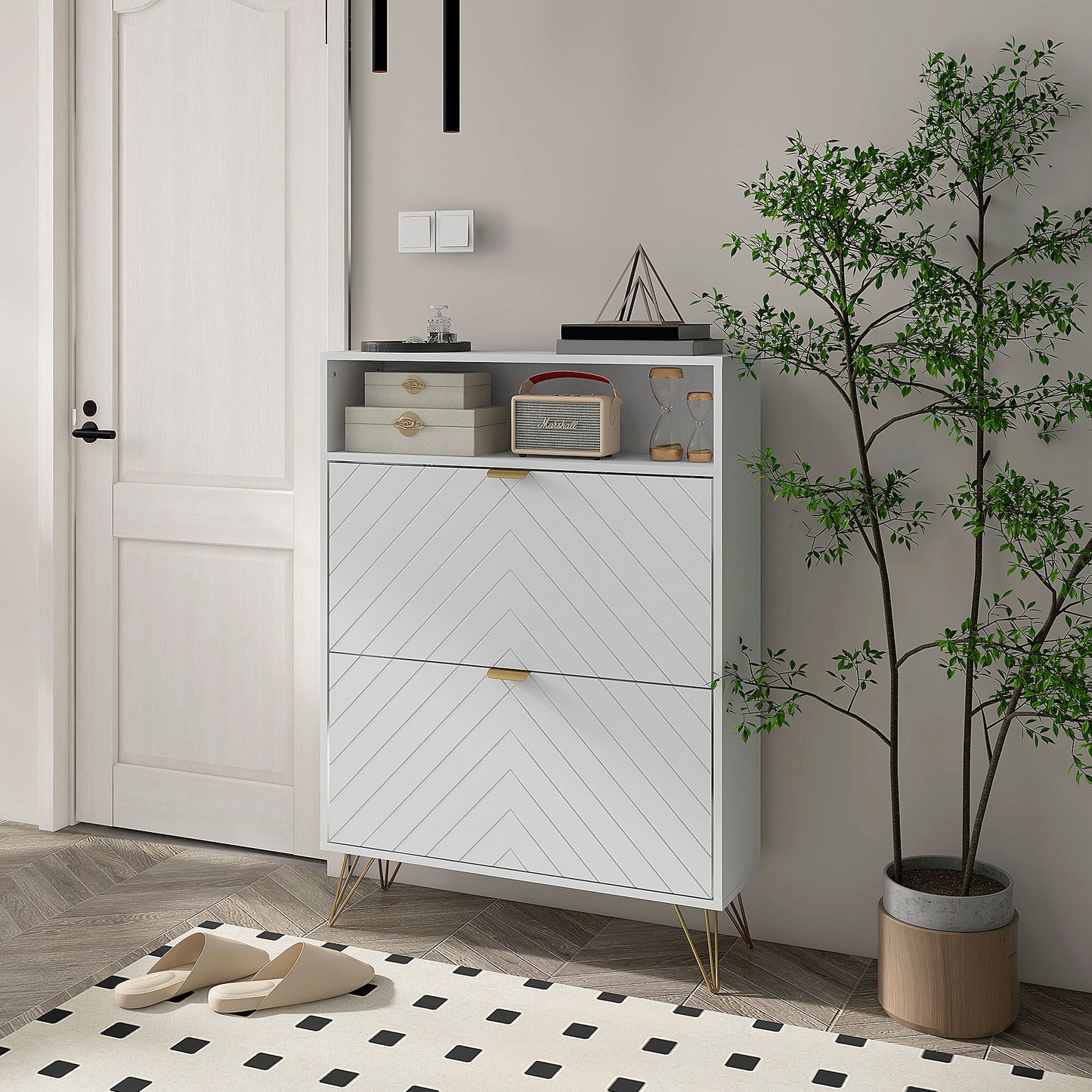 Notafa Wooden White Chevron Cabinet With Gold Accents For 12 Pairs