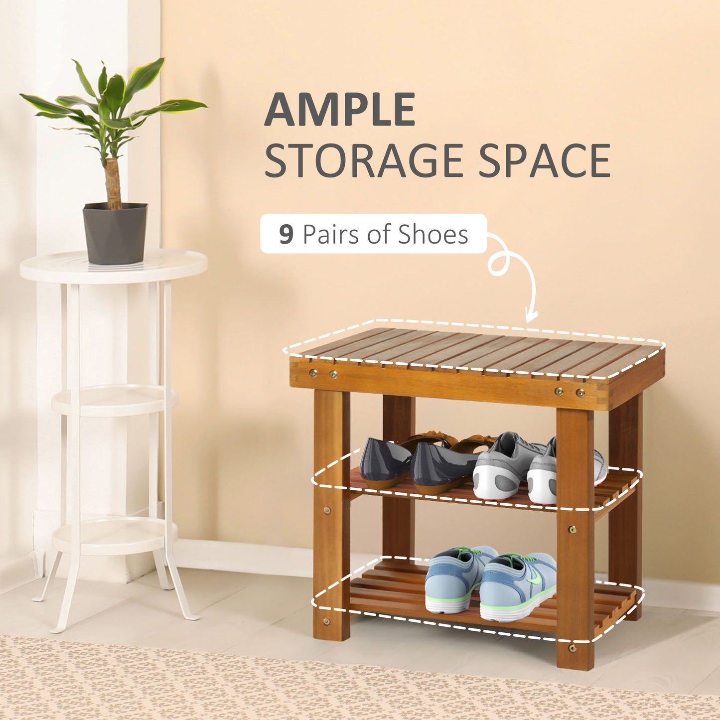 Elsari Acacia Wood Teak 3 Tier Shoe Bench With Slatted Shelves