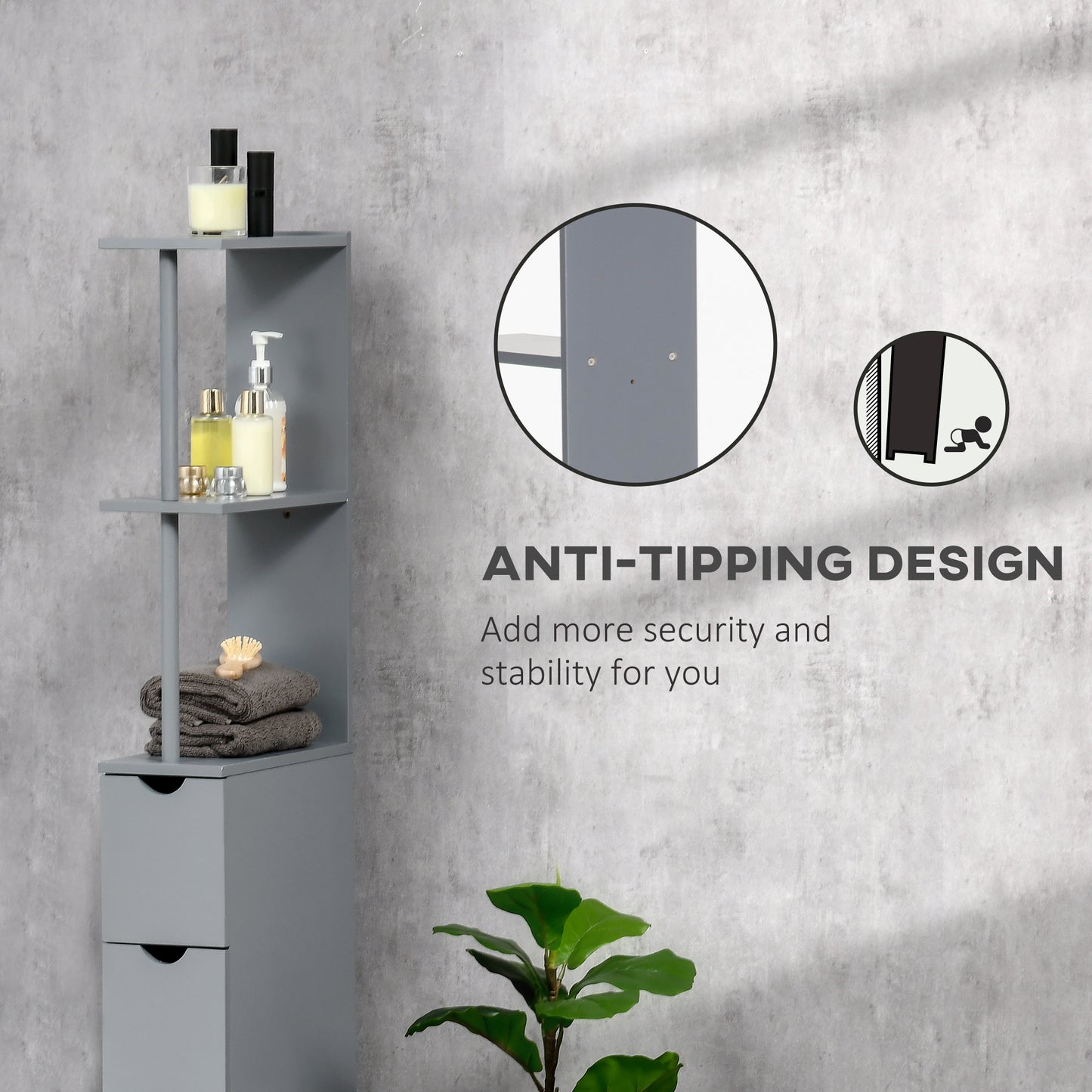 Keli Falo Slim Freestanding Bathroom Storage Cabinet With Shelves And Drawers In Grey