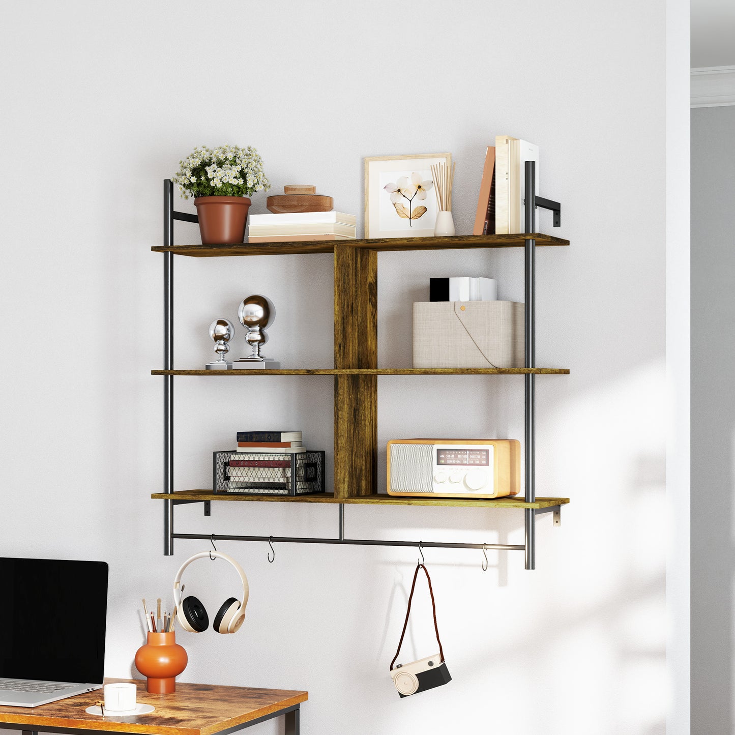 Todoco Wood And Metal Brown And Black 3 Tier Floating Wall Shelves
