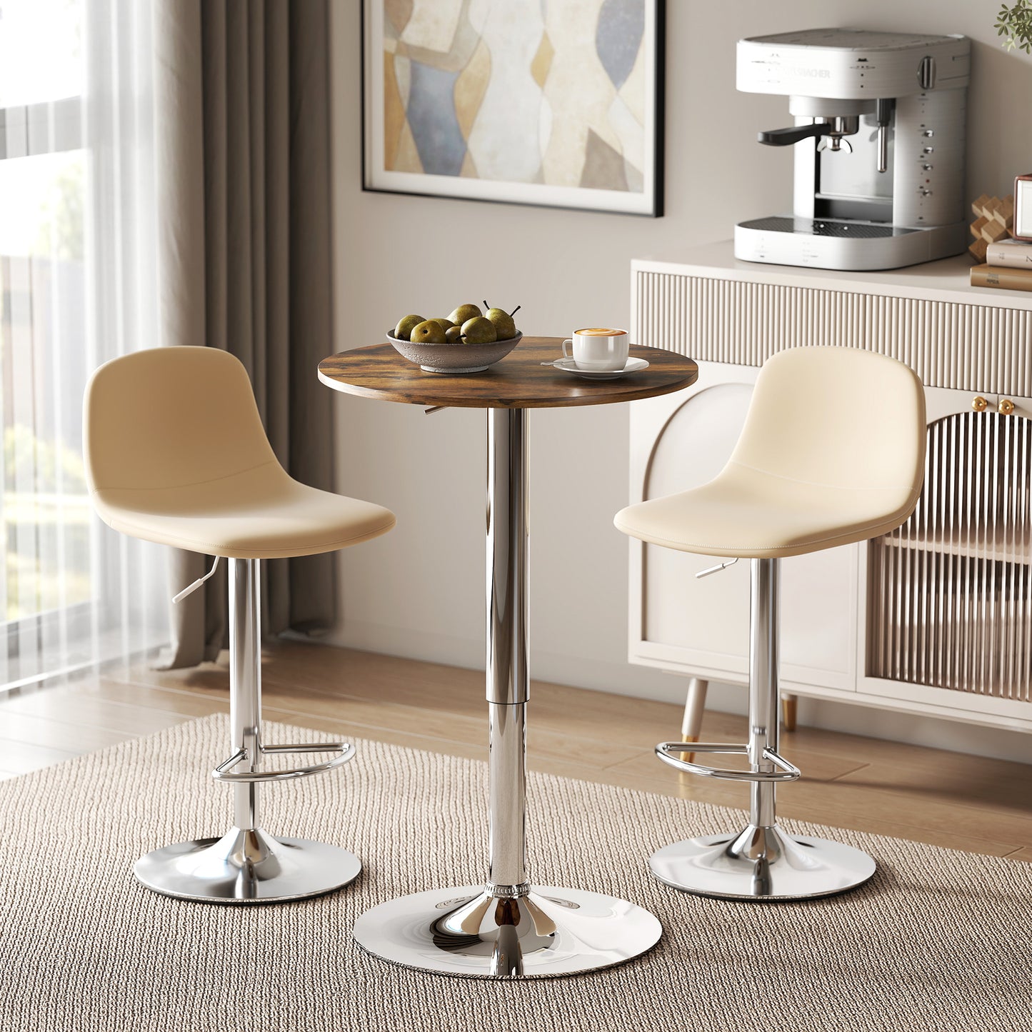 Redone Rustic Brown Adjustable Swivel Round Bar Table With Steel Base