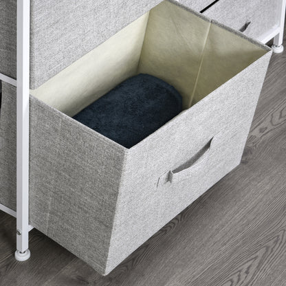 Vepapa White Metal And Grey Fabric 5 Drawer Linen Basket Storage Unit With Natural Wooden Top Shelf