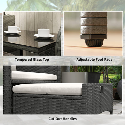 Mami Rattan Grey and White Outdoor Garden Bistro Set With 2 Tier Coffee Table And Footstools